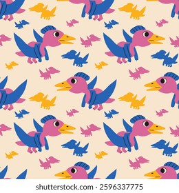 Seamless vector pattern with playful dinosaurs . Perfect for kids apparel, wallpapers, and themed designs. Hand drawn cute dinosaur .