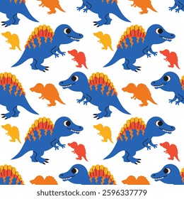 Seamless vector pattern with playful dinosaurs . Perfect for kids apparel, wallpapers, and themed designs. Hand drawn cute dinosaur .