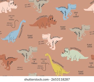 Seamless vector pattern with playful dinosaurs like Triceratops, with text colorful Dino Power, Perfect for kids' apparel, textile, wallpapers, and themed designs. Background brown