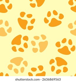 Seamless vector pattern of playful dog paw prints in shades of orange and yellow on a light cream background. Ideal for products for children, wrapping paper and pets apparel.