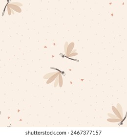 Seamless vector pattern playful dragonflies toss on neutral light beige, textile, background