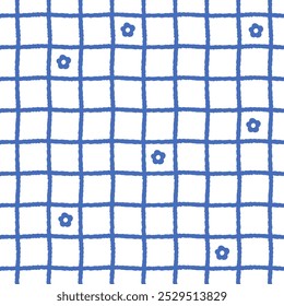 A seamless vector pattern of a playful floral grid in a hand-drawn style. Isolated on a white background, ideal for fabrics, wallpapers, or home decor.