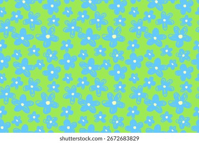 Padrão de vetor sem emenda de flores azuis desenhadas à mão divertidas com centros de creme em um fundo verde brilhante. Ótimo para produtos para crianças, têxteis de verão ou embalagens alegres