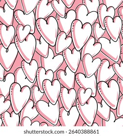 Seamless vector pattern with playful hand-drawn hearts, white pink  black outlines print. Fun romantic ornament, cartoon-style design  for Valentine’s Day, fabric, stationery, wrapping paper, textile