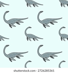 Patrón de Vector sin fisuras de plesiosaurios juguetones nadando en un océano azul claro, linda ilustración de dinosaurio para niños.