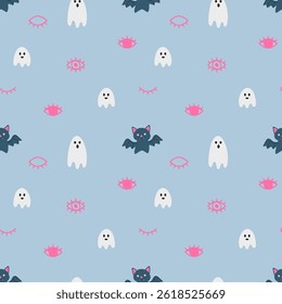 seamless vector pattern with a playful and slightly spooky Halloween theme. The design features a light blue background populated with various cute and stylized elements