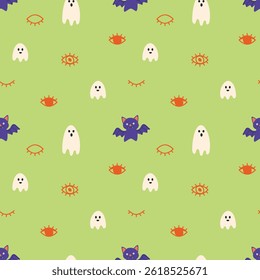 seamless vector pattern with a playful and slightly spooky Halloween theme. The design features a light green background populated with various cute and stylized elements