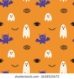 seamless vector pattern with a playful and slightly spooky Halloween theme. The design features a orange background populated with various cute and stylized elements
