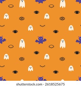 seamless vector pattern with a playful and slightly spooky Halloween theme. The design features a  orange background populated with various cute and stylized elements