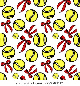 Patrón de Vector sin fisuras de pelotas de tenis juguetonas y arcos rojos festivos sobre un fondo blanco