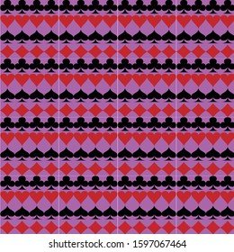 seamless vector pattern of playing cards suits. arranged in raw.
