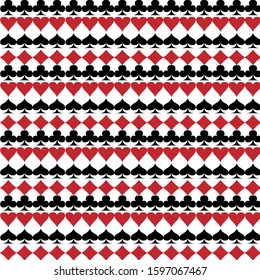 seamless vector pattern of playing cards suits. arranged in raw. white background.