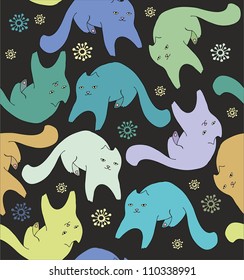 Seamless vector pattern with playing cats and snowflakes on black background