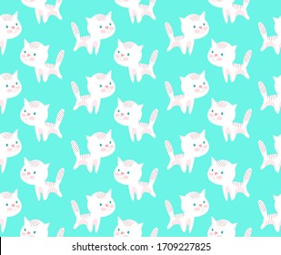 Seamless vector pattern with playing  cats on turquoise background