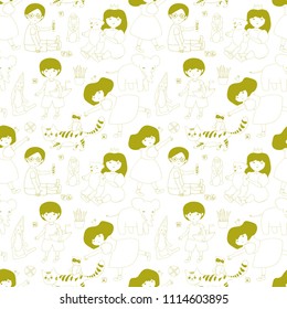 seamless vector pattern with playing children, little boys and girls, among toys and dices, white background