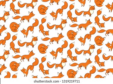 Seamless vector pattern with playing foxes, on white background