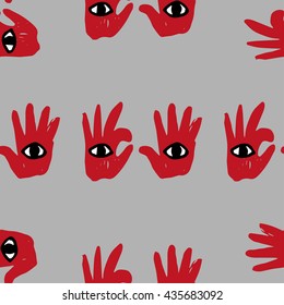 Seamless vector pattern with playing hands and eyes. Hand drawn  background.