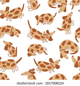 Seamless vector pattern of playing spotted dachshunds. Perfect for scrapbooking, greeting card, poster, textile and prints. Doodle style illustration for decor and design.
