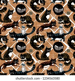 seamless vector pattern with playing striped kittens