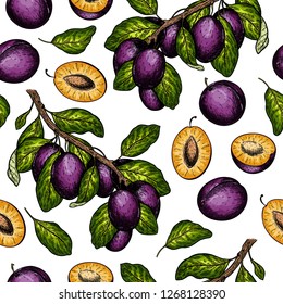 Seamless vector pattern of plum branches. Hand drawn. Engraved colored juicy natural fruit. Moisturizing serum, healthcare. Good for cosmetics, medicine, treating, package design, skincare.