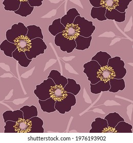 Seamless vector pattern with plum flowers on a purple background