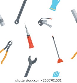 Seamless vector pattern of plumbing tools on white background. Pipe wrench, plunger, screwdriver, pliers, pipe cutter, rubber glove, pipe fitting. Repeating illustration for repair, service