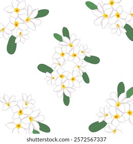 A seamless vector pattern of plumeria flowers with white petals, yellow centers, and green leaves, ideal for fabric, wallpaper, and decorative designs.