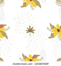 Patrón vectorial sin foco con poinsettia, ramo de flores, plantas, vibraciones otoñales, adecuado para Acción de Gracias, Navidad.