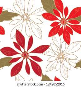 Seamless vector pattern with poinsettia flowers. Christmas background. Red and golden colors.