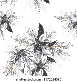 seamless vector pattern of poinsettia flowers. hand-drawn doodling in realistic style, close-up. modern design for paper, Wallpaper, posters