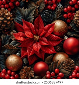 Seamless vector pattern with poinsettia flowers. Vintage Christmas background.