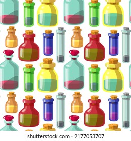 Seamless vector pattern of poison bottles. Color set. poisons potions halloween.