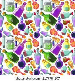 Seamless vector pattern of poison bottles. A set of colored glass bottles. Poisons, potions, liquids in containers. Halloween jars.