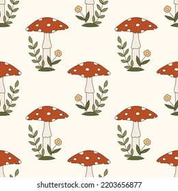 Seamless vector pattern with poisonous mushrooms in 70s art style. Retro groovy toadstool background. Cartoon amanita texture. Vintage boho illustration