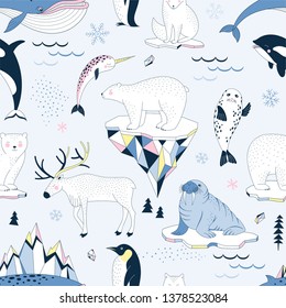 Seamless vector pattern with Polar Bear Walrus Penguin Narwal Seal Reindeer Killer Whale Arctic Fox Iceberg Snowflakes North Landscape elements. Arctic Wildlife background. Polar animals print