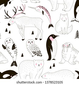 Seamless vector pattern with Polar Bear Walrus Penguin Narwal Seal Reindeer Killer Whale Arctic Fox Owl. Arctic Wildlife background. Polar animals print. Antarctic Creatures in Scandinavian style