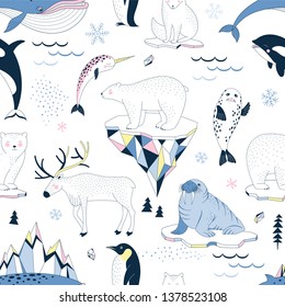 Seamless vector pattern with Polar Bear Walrus Penguin Narwal Seal Reindeer Killer Whale Arctic Fox Iceberg Snowflakes North Landscape elements. Arctic Wildlife background. Polar animals print