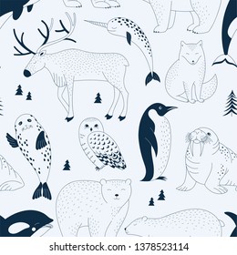 Seamless vector pattern with Polar Bear Walrus Penguin Narwal Seal Reindeer Killer Whale Arctic Fox Owl. Arctic Wildlife background. Polar animals print. Antarctic Creatures in Scandinavian style