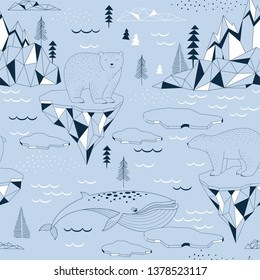 Seamless vector pattern with Polar Bear Blue Whale Ocean Mountains Iceberg Blocks of Ice North Landscape elements. Arctic Wildlife background. North Pole print. Antarctic Nature in Scandinavian style