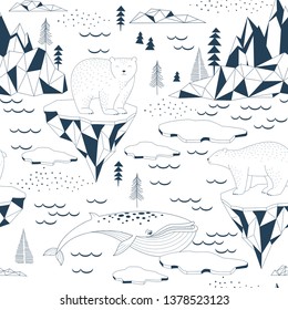 Seamless vector pattern with Polar Bear Blue Whale Ocean Mountains Iceberg Blocks of Ice North Landscape elements. Arctic Wildlife one colour background. North Pole print. Antarctic Nature in