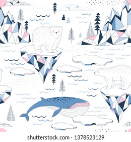 Seamless vector pattern with Polar Bear Blue Whale Ocean Mountains Iceberg Blocks of Ice North Landscape elements. Arctic Wildlife background. North Pole print. Antarctic Nature in Scandinavian style