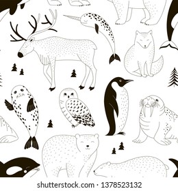 Seamless vector pattern with Polar Bear Walrus Penguin Narwal Seal Reindeer Killer Whale Arctic Fox Owl. Arctic Wildlife one colour background. Polar animals print. Antarctic Creatures in Scandinavian