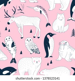 Seamless vector pattern with Polar Bear Walrus Penguin Narwal Seal Reindeer Killer Whale Arctic Fox Owl. Arctic Wildlife background. Polar animals print. Antarctic Creatures in Scandinavian style