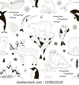 Seamless vector pattern with Polar Bear Walrus Penguin Narwal Seal Reindeer Killer Whale Arctic Fox Iceberg Snowflakes North Landscape elements. Arctic Wildlife one colour background. Polar animals