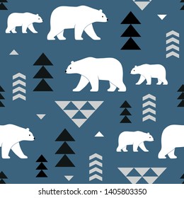 Seamless vector pattern with polar bears and geometric decoration. Perfect for textile, wallpaper or print design. 