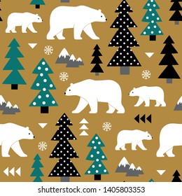 Seamless vector pattern with polar bears, trees and geometric decoration. Perfect for textile, wallpaper or print design. 