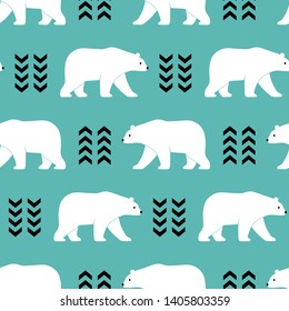 Seamless vector pattern with polar bears and geometric decoration. Perfect for textile, wallpaper or print design. 