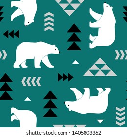 Seamless vector pattern with polar bears and geometric decoration. Perfect for textile, wallpaper or print design. 