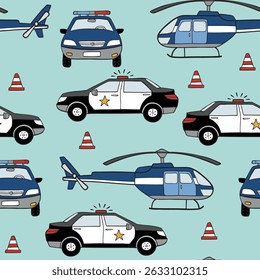 Seamless vector pattern with police car and helicopter. Hand drawn cityscape background. Perfect for textile, wallpaper or print design. EPS 10 vector file.