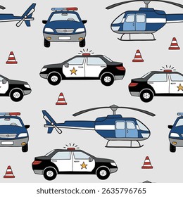 Seamless vector pattern with police car and helicopter. Hand drawn cityscape background. Perfect for textile, wallpaper or print design. EPS 10 vector file.